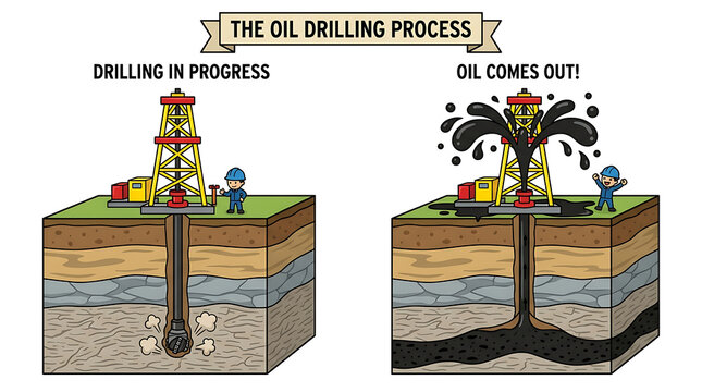 Oil drilling process illustration shows rig extracting crude from ground