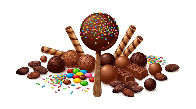 Assortment of Delicious Chocolate Candies and Sweets with Sprinkles and Wafers.