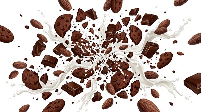 Explosion of Chocolate Chunks and Cocoa Beans in Milk Splash.