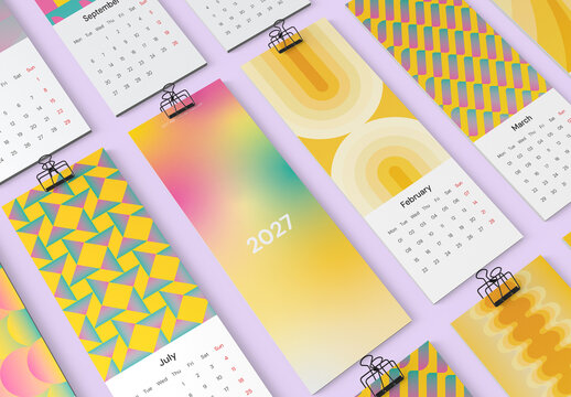 Trendy Risograph Wall Calendar 2027 Template with Retro Grain Abstract Backgrounds