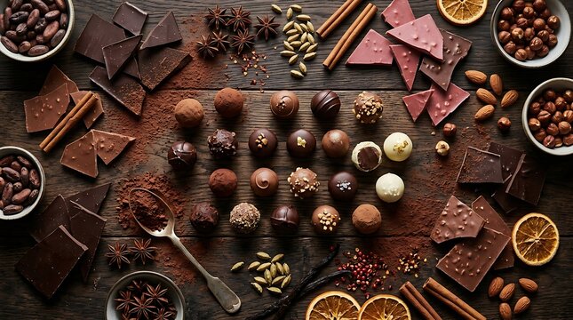 Assortment of gourmet chocolates, truffles, and ingredients on a rustic wooden table, top view.