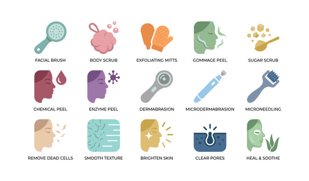 Skincare icons showing exfoliation and facial care on white background