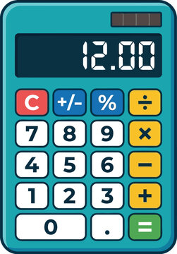 Flat vector illustration of a calculator displaying 12.00 on screen