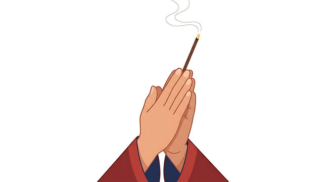 Praying hands hold incense stick in meditation session indoors
