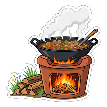 Outdoor Wok Cooking Over a Clay Fire Pit