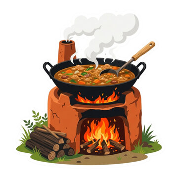 Cooking Stew in a Large Pan Over an Earth Oven