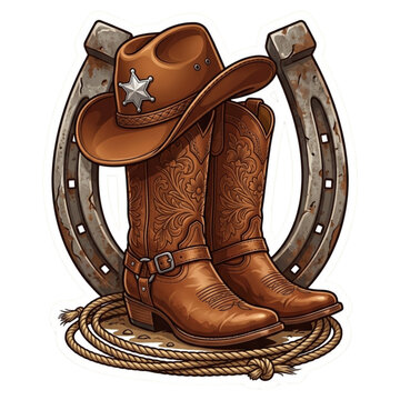 Western Cowboy Sticker Design with Boots and Lasso