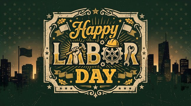 Happy labor day celebration with city skyline and industrial icons