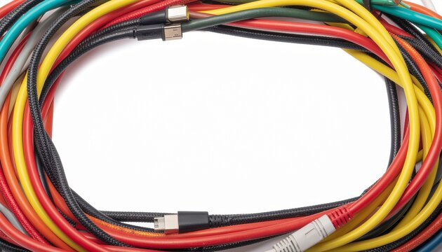 Vibrant electrical cables and wires arranged in a circular frame on isolated white background
