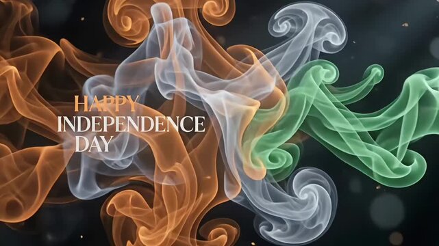 Happy Independence Day typography with abstract tricolor smoke background for greeting banner design