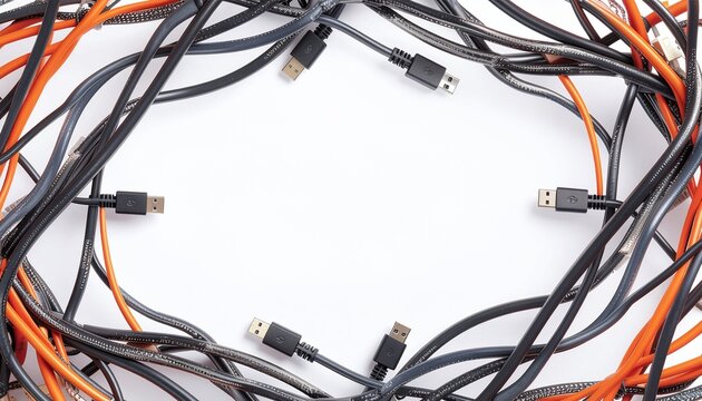 A messy tangle of digital cables, representing connectivity and technology concepts with copy space for text