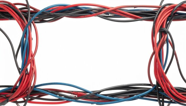 Frame Border Made of Tangled Colored Electrical Cables and Wires on White Background
