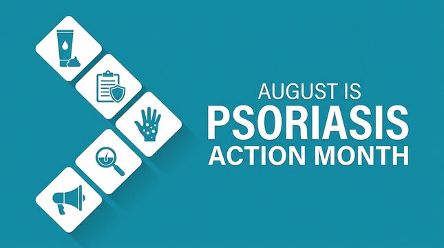 August is psoriasis action month awareness campaign with medical icons and text on teal background promoting health education and support for skin condition.