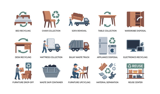 Furniture recycling collection and bulky waste disposal icons