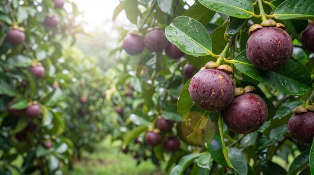 Ripe purple mangosteen fruits hanging on the tree in the orchard ready for harvesting
