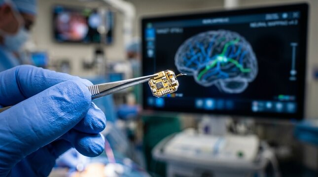Surgeon holding a brain-computer interface chip with tweezers, with a brain scan on a monitor in the background.