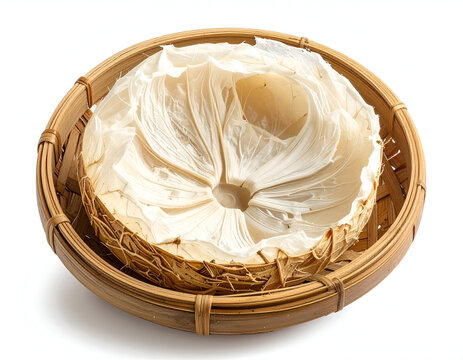 Delicate folded white yuba tofu skin sheets displayed neatly inside a traditional woven bamboo steamer basket