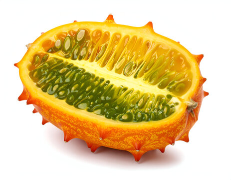 A cross section slice of an exotic horned melon kiwano fruit revealing bright green jelly seeds