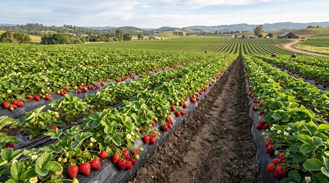 Vast strawberry farm landscape with endless rows of lush green plants bearing ripe red fruit under a clear blue sky, promising a bountiful harvest season