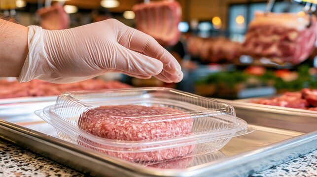 Gloved hand places raw hamburger patty in clear plastic clamshell container on metal tray at butcher shop counter