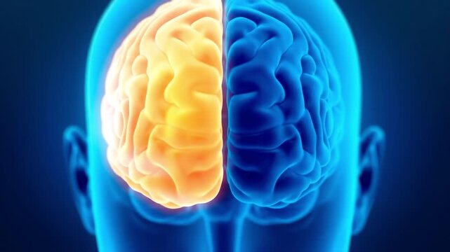 3D illustration of human brain hemisphere with glow. Suitable for medical education, neurology presentation, science documentary, and research.