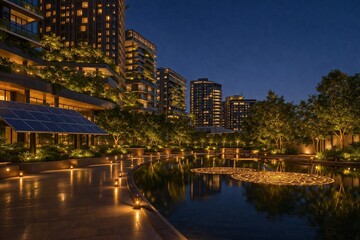 Obraz premium Sustainable smart city eco urban complex at night, modern architecture with solar panels and golden diwali light decoration reflecting on pond