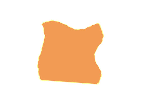 Orange map of the state of oregon with a thin yellow border outline