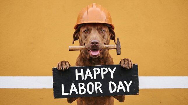 Happy labor day dog in hard hat holding hammer and sign