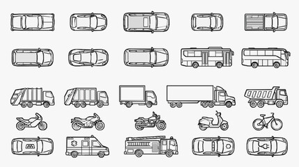 Clean Black and White Line Drawing Icons Set of Various Vehicles and Transport Types with high quality professional line art symbols for modern creative design and digital branding projects © Jayadi