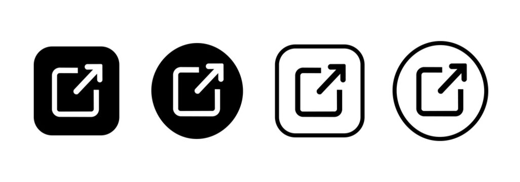 External link icon set. Open and redirect link icons for app and web interfaces, navigation, and sharing. Pack in solid black and line styles.