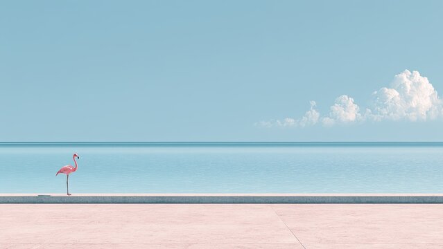 海辺に佇むフラミンゴ 青空と雲のミニマル風景 背景素材