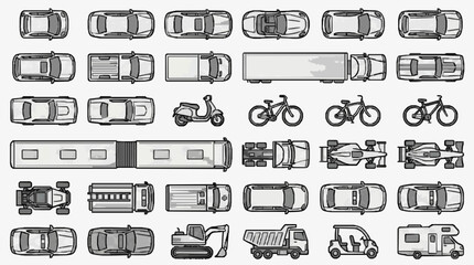 Clean Black and White Line Drawing Icons of Various Vehicle Top and Side Views for Design Use with high quality professional line art symbols for modern creative design and digital branding projects © Jayadi