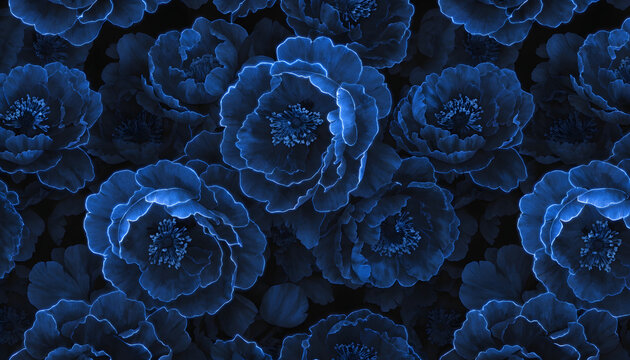 Beautiful dark blue peony flowers pattern background floral wallpaper with glowing edges of petals, elegant botanical texture in deep navy blue tones