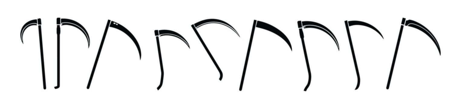Collection of Scythes: A series of scythes are presented in a row, showcasing their curved blades and long handles, ready for agricultural tasks.
