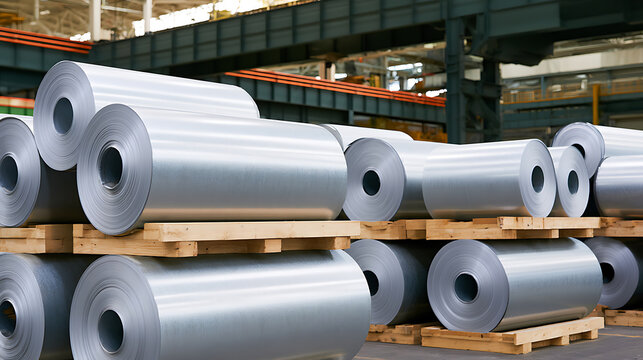 Industrial storage of large metal coils on wooden pallets inside a modern factory or warehouse, emphasizing bulk material readiness and supply chain