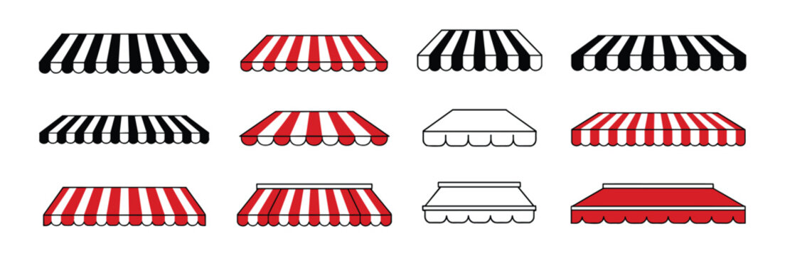 Awnings Collection: A diverse collection of awnings in various patterns and styles, including striped and solid colors.