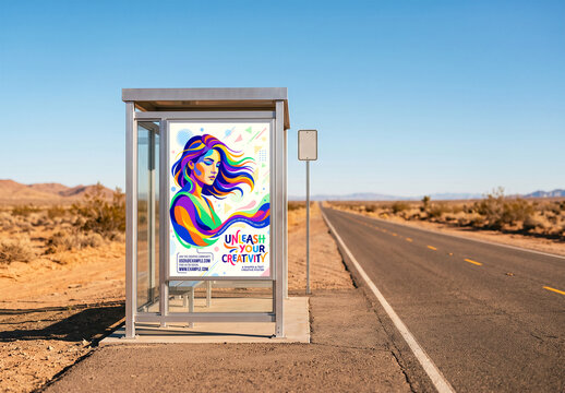 Bus Shelter Poster Mockup on Rural Highway
