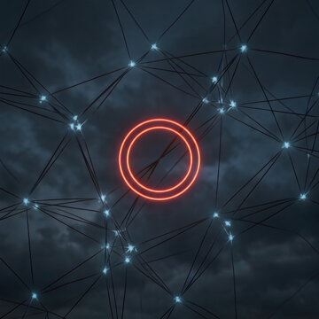 Digital network connection node with glowing red ring connection technology abstract background