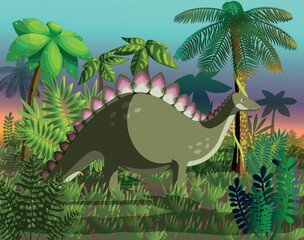 Vector illustration of dinosaur era, cute stegosaurus with background of many plants and sunset © Mira
