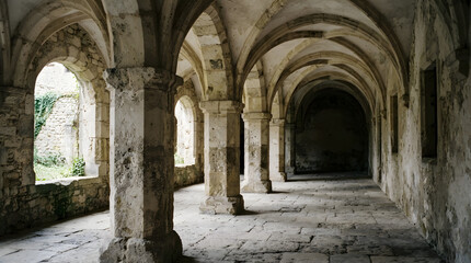 Obraz premium Ancient Stone Cloister Corridor Featuring Majestic Arched Pillars and Weathered Gothic Architectural Details in a Historic Monastery