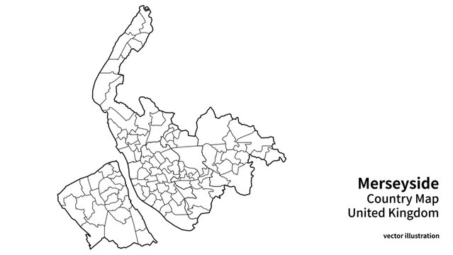 Merseyside Detailed Administrative Map with Districts, Minimal UK County Regional Boundary Outline Vector Illustration