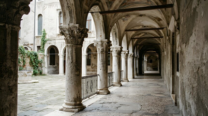 Obraz premium Ancient Architectural Stone Cloister Featuring Ornate Columns and Historic Courtyard Walkway