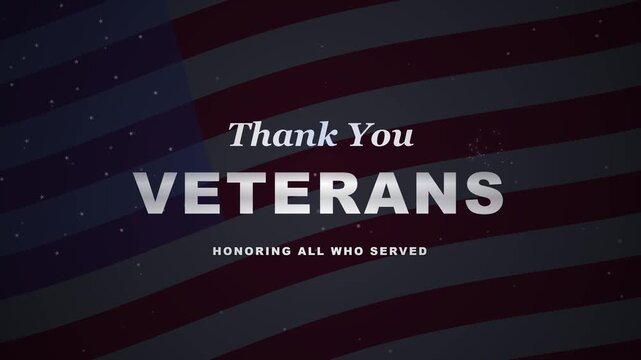 Veterans Day text animation on dark waving American flag background