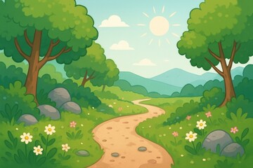 Naklejka premium Serene cartoon forest landscape wallpaper.