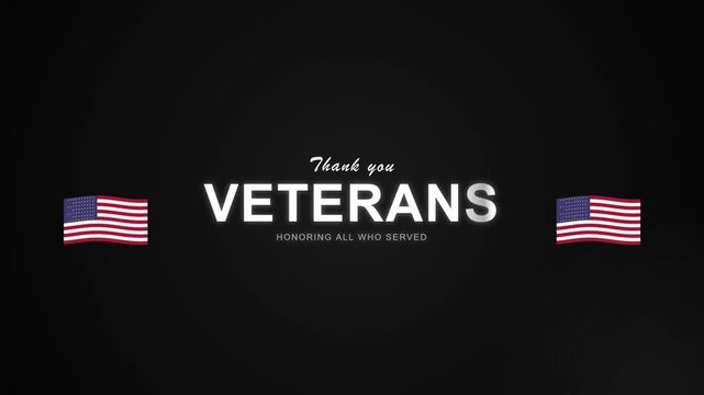 Veterans Day text animation with American flags on black background