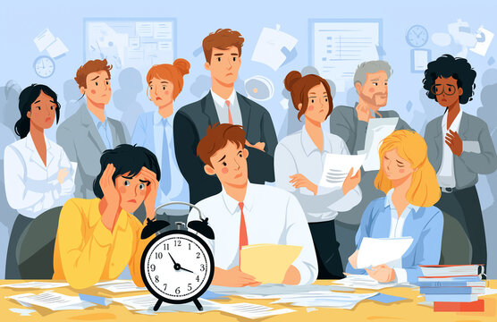 the photo shows an office environment with several people standing around a desk, pointing at one woman who is sitting and holding her head in pain. she appears to be distressed or worried about somet