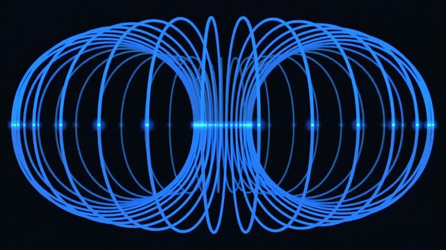Blue magnetic field lines rotating in a seamless loop science animation.