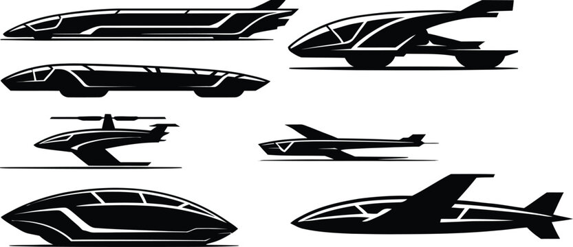 Futuristic vehicle silhouettes collection featuring flying cars, advanced trains, and innovative aircraft designs for modern transportation concept illustration