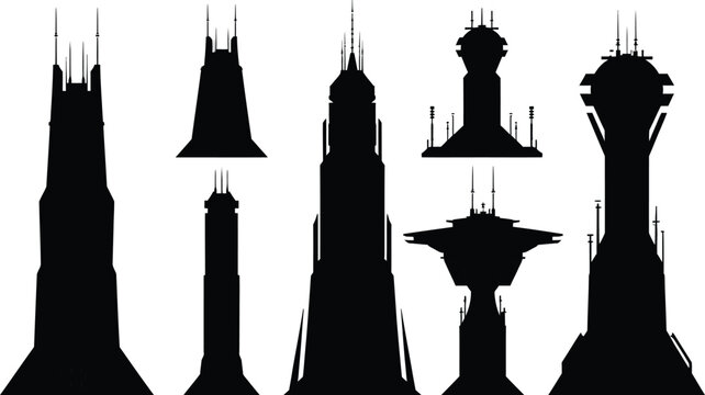 Futuristic sci fi tower silhouettes with antenna spires and modern architectural concept design for advanced civilization cityscape vector illustration