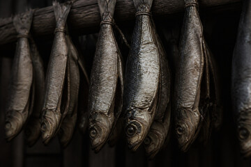 Obraz premium Dried fish are hanging from a wooden rack in a dark, rustic setting.